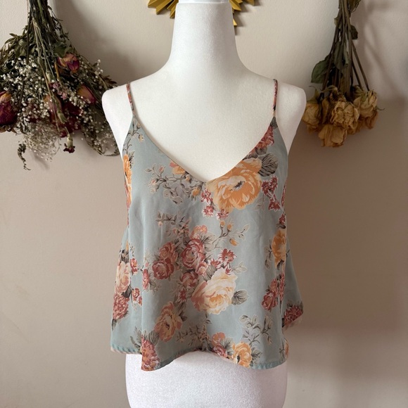 Lush Cottagecore Sage Floral V-Neck Cami with Peach and Yellow Roses - Picture 2 of 6